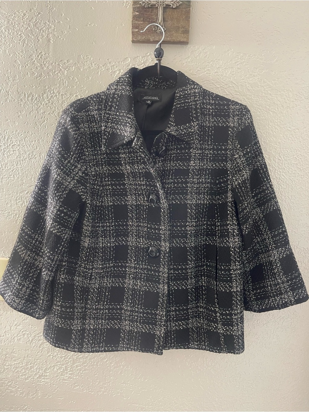 Vintage Notations Women Black/White Plaid Tweed Peacoat Blazer Office Medium
